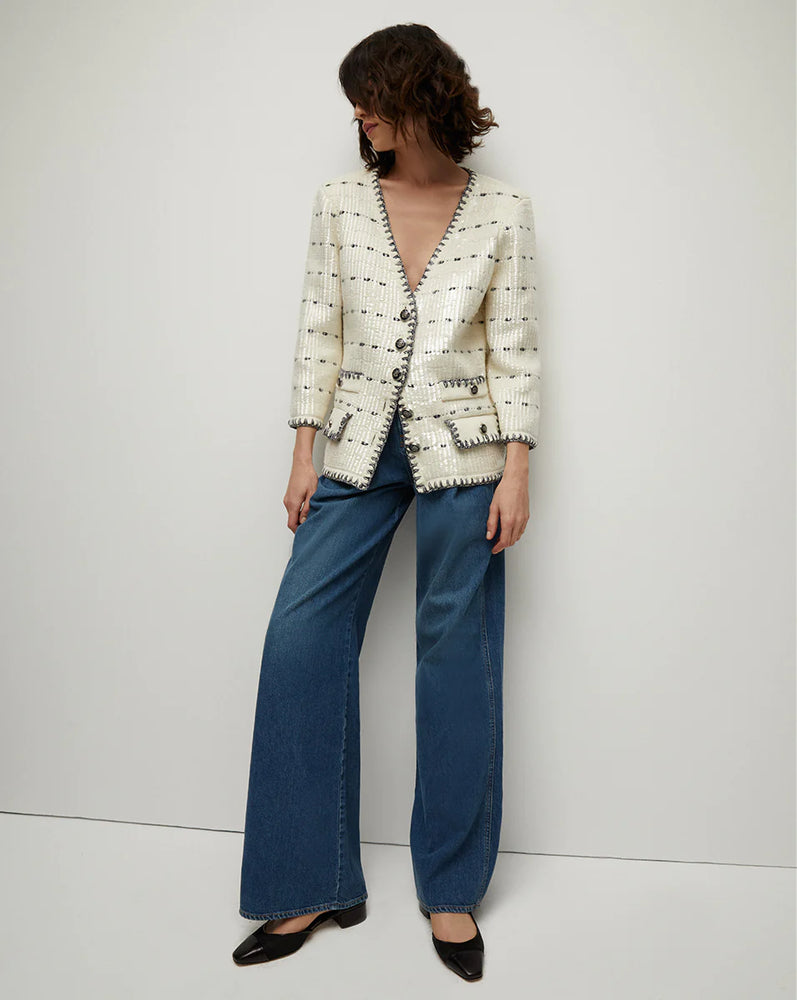 Ceriani Sequined Knit Jacket in Off White Navy