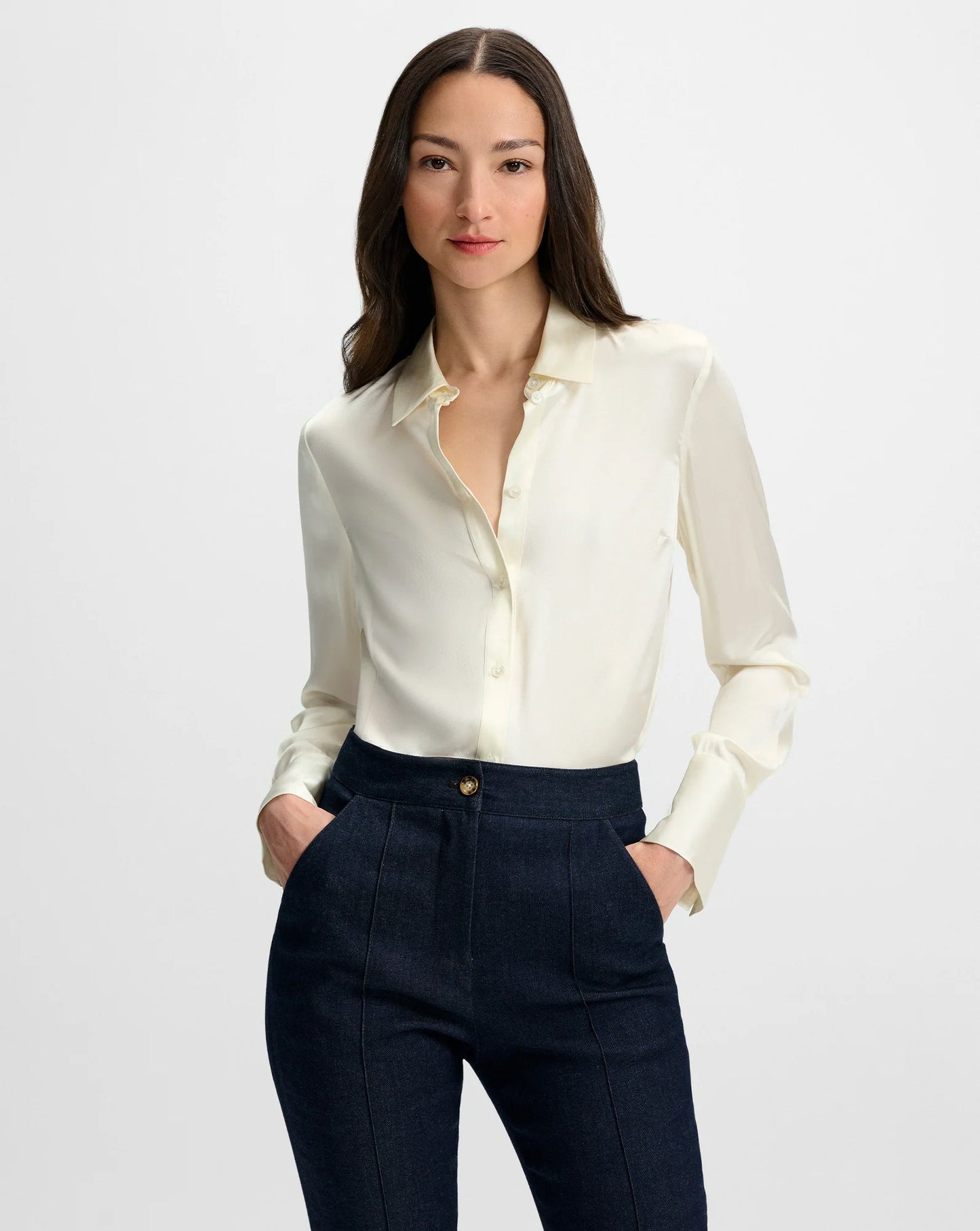 Monique Silk Button-Down Shirt in Ivory