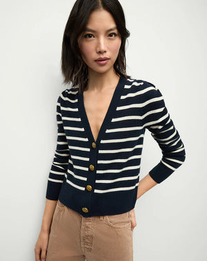 Solene Cashmere Striped Cardigan in Navy/Ivory