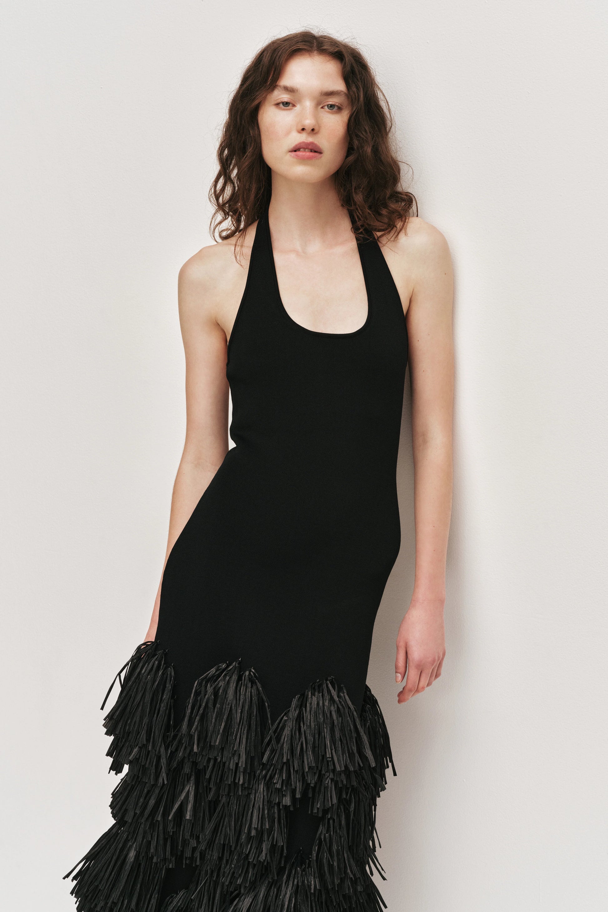Elva Raffia Knit Midi Dress in Black
