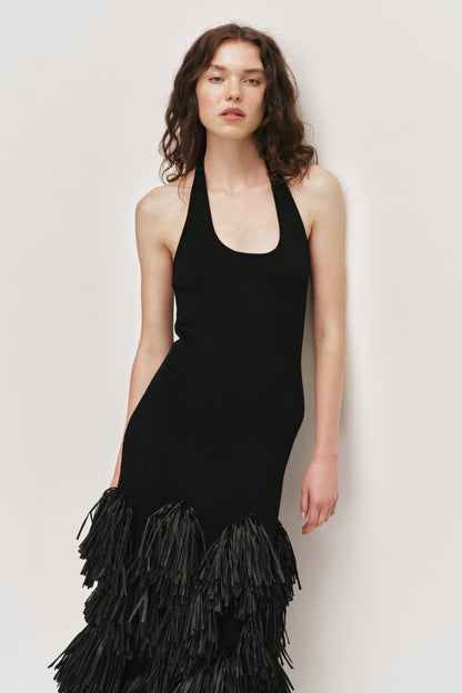 Elva Raffia Knit Midi Dress in Black