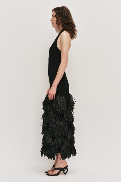 Elva Raffia Knit Midi Dress in Black