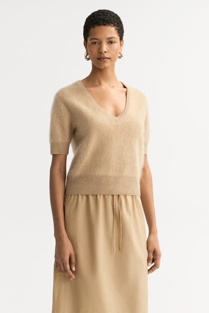 Brushed V-Neck T-Shirt in Camel