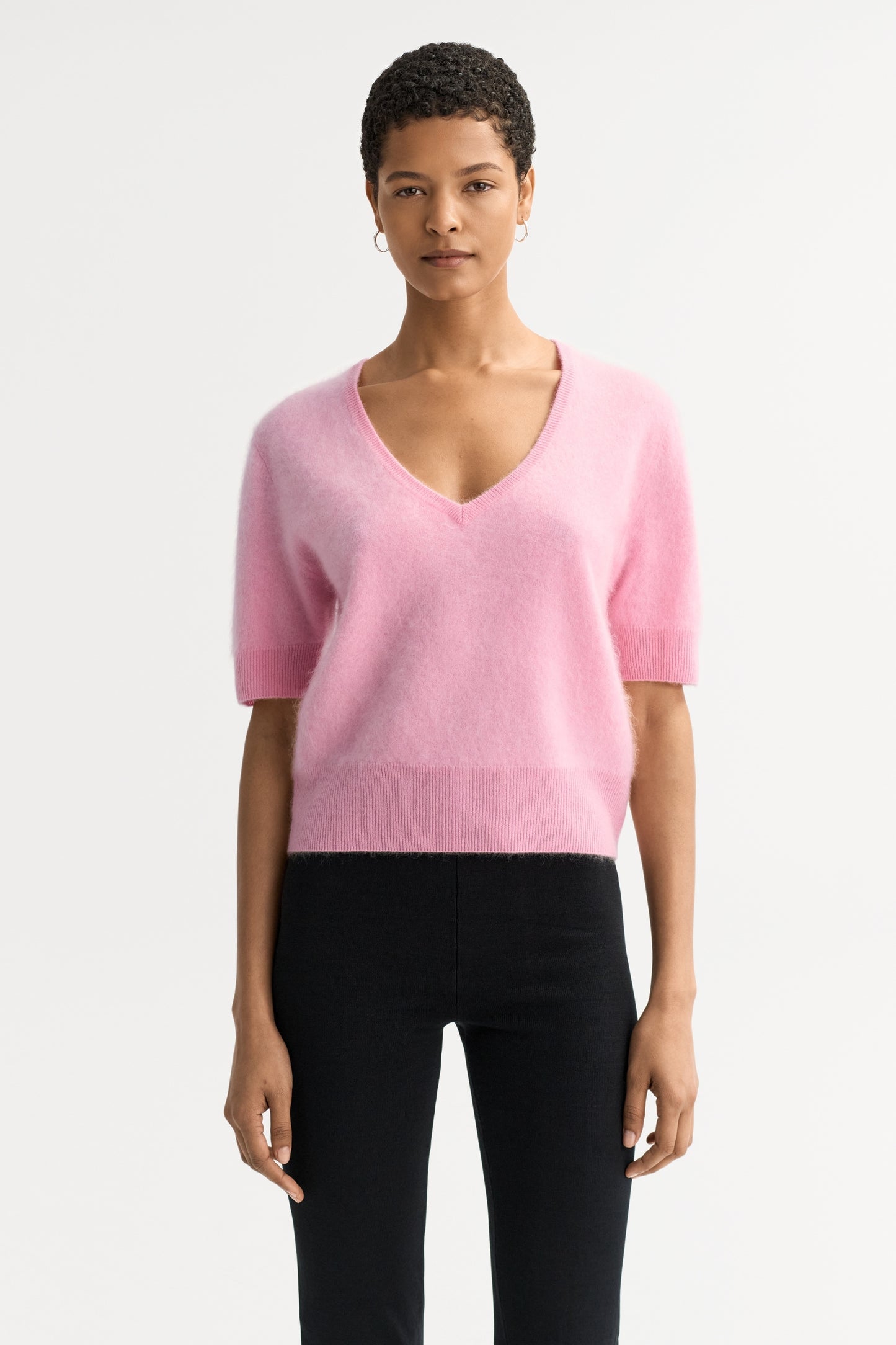 Brushed V-Neck T-Shirt in Pink