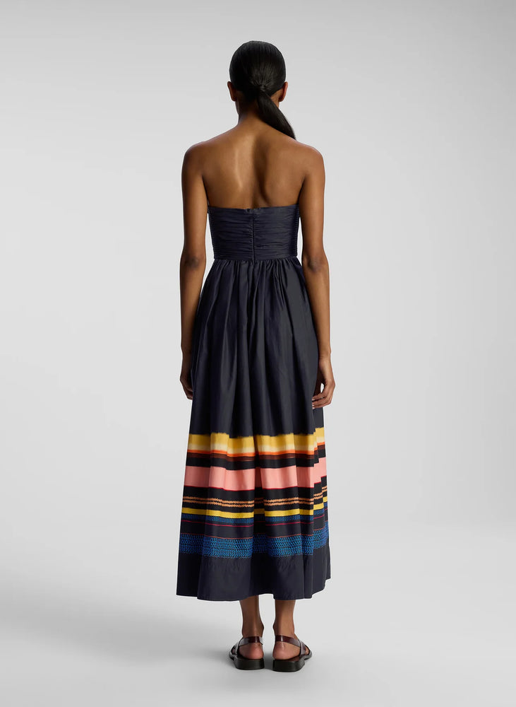 Tate Strapless Midi Dress in Navy Stripe