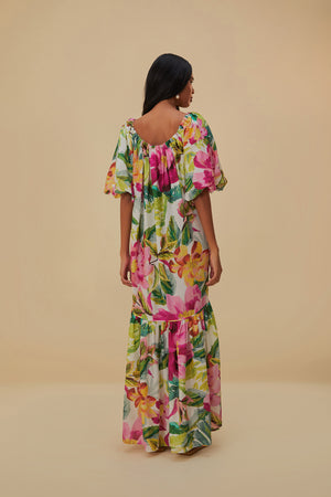 Painted Flowers Off-White Off the Shoulders Maxi
