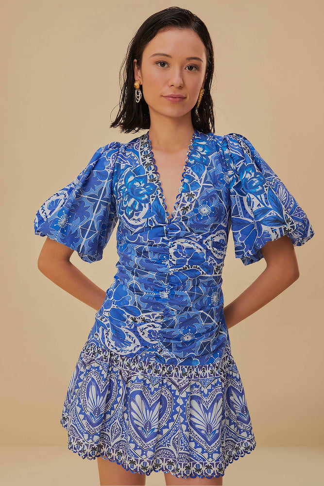 Blue Tile Dream Short Sleeve Mini Dress