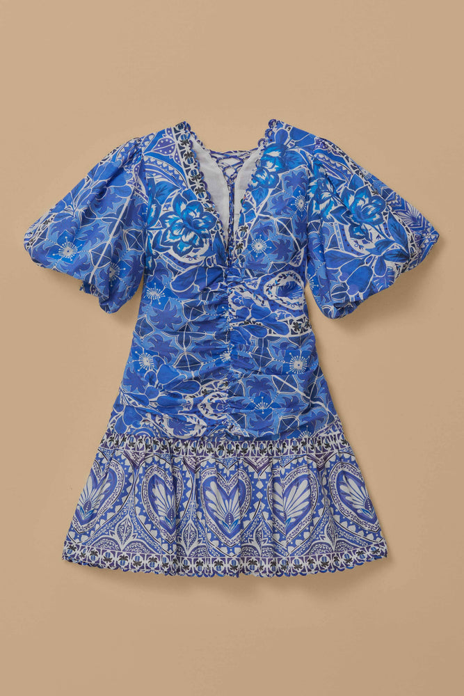 Blue Tile Dream Short Sleeve Mini Dress