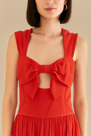 Bow Detail Midi Dress in Red