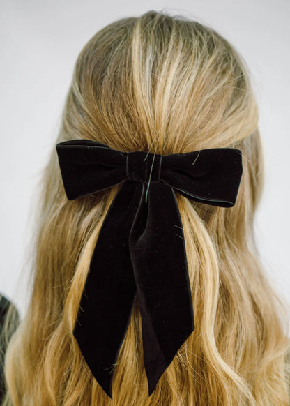 Wide Velvet Bow Barrette in Black