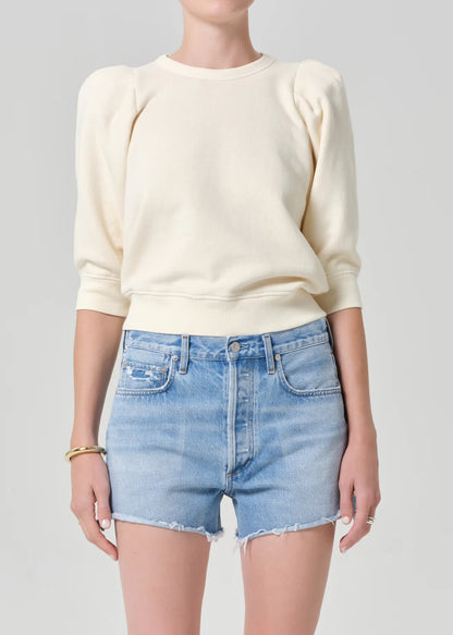 Pleated Short Sleeve Crew In Cream