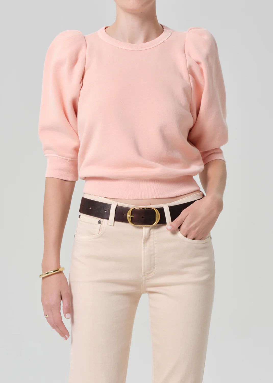 Pleated Short Sleeve Crew In Melon Creme