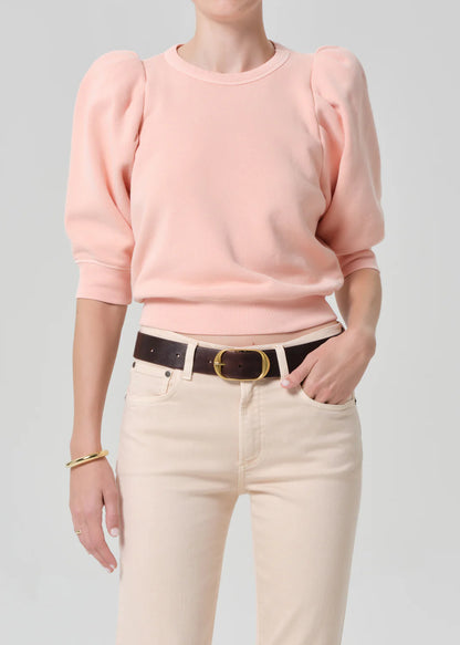 Pleated Short Sleeve Crew In Melon Creme