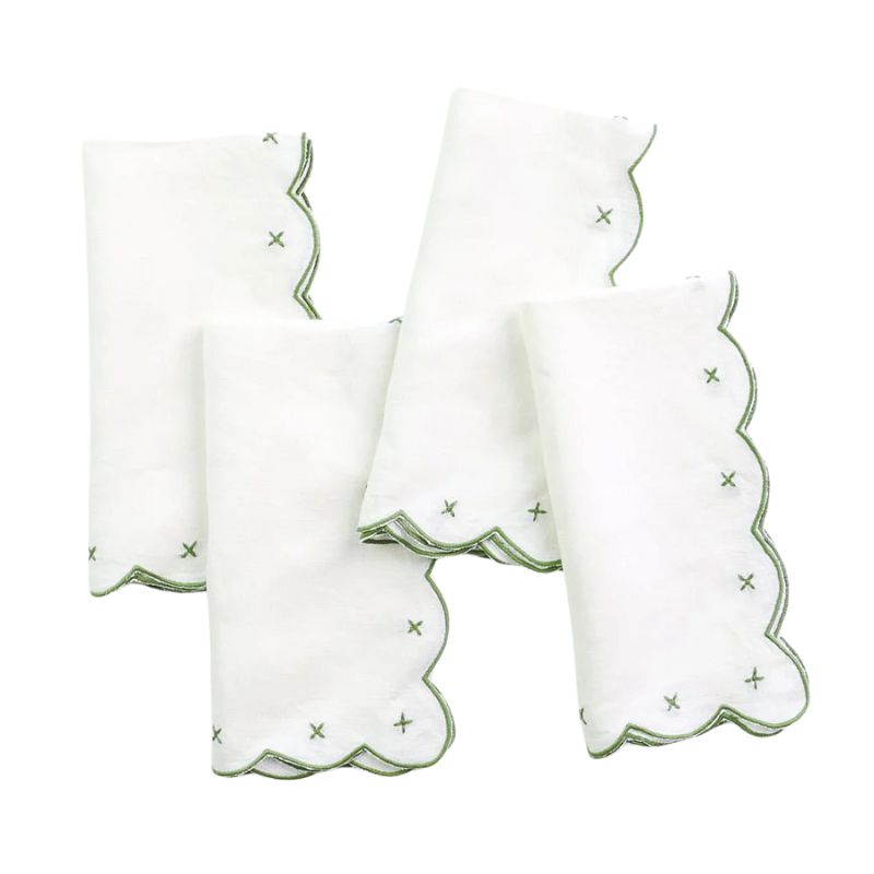 Scalloped Knot Green Embroidered Linen Napkin | Set of 4