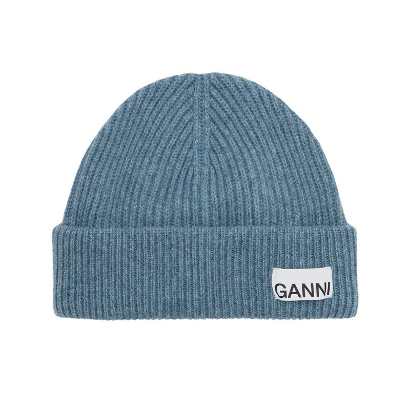 Blue Fitted Rib Knit Wool Beanie