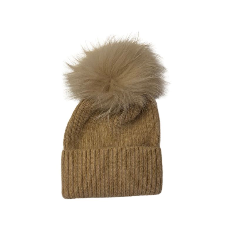 Angora Wool Hat with Fur Pom in Tan