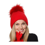 Angora Wool Hat with Fur Pom in Red