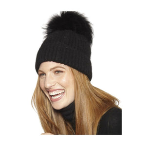 
            
                Load image into Gallery viewer, Angora Wool Hat with Fur Pom in Black
            
        
