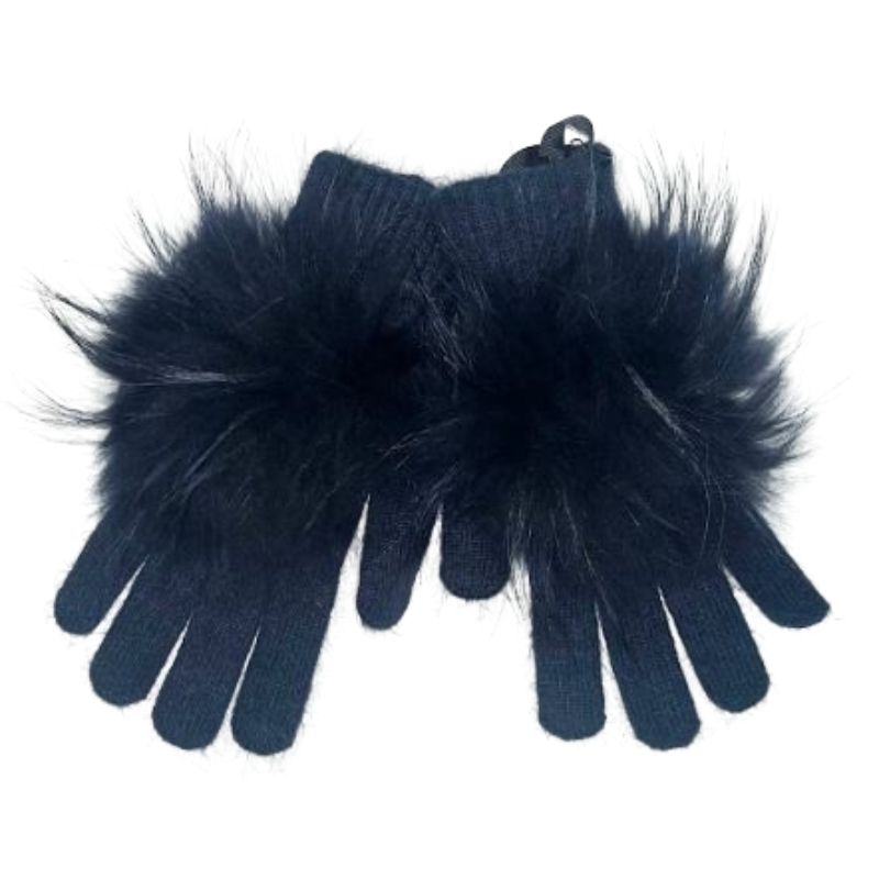 Angora Wool Glove Puff Pom in Navy