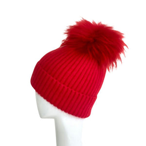 Angora Wool Hat with Fur Pom in Red