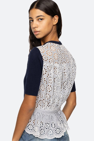 Lennon Embroidery Short Sleeve Top in Navy