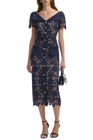 
            
                Load image into Gallery viewer, Navy Lace Open Neck Midi Dress
            
        