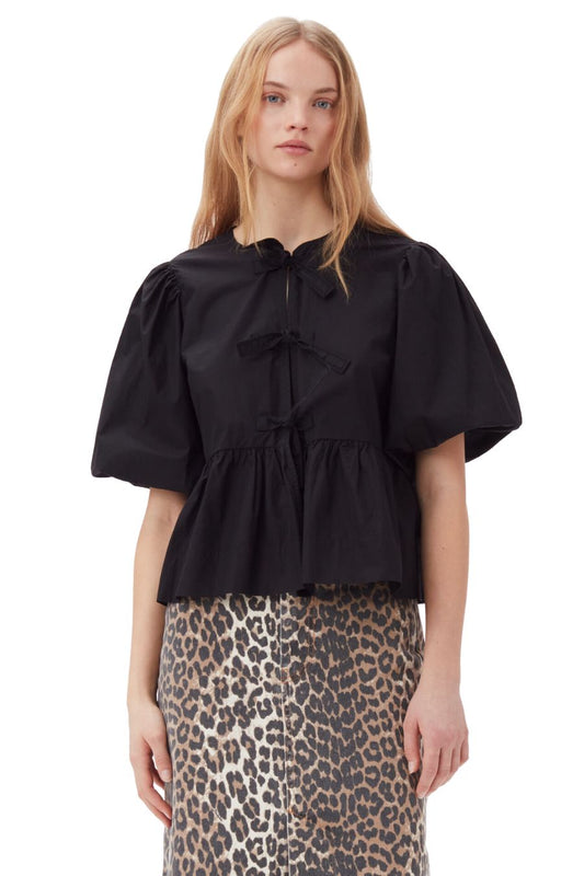 Cotton Poplin Peplum Tie Blouse in Black