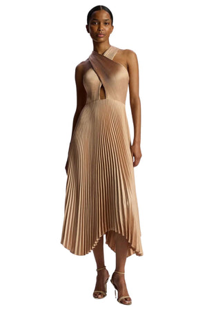 Athena II Satin Pleated Dress in Bella