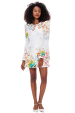 Sylvana Bell Sleeve Mini Dress in Papillon Print in White