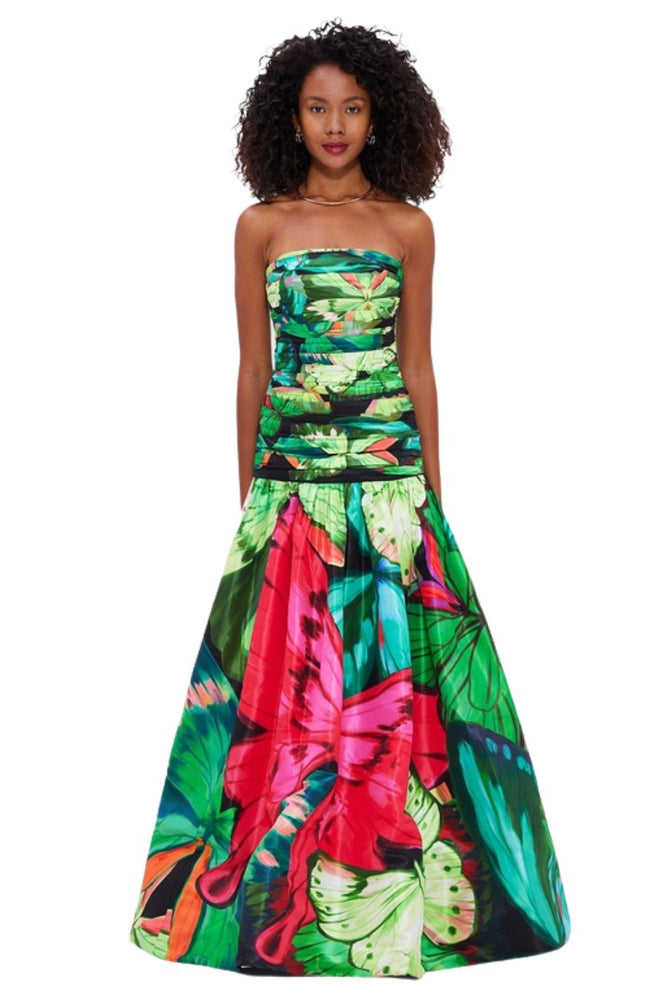 Natalia Ruched Maxi Dress in Green Papillon Print