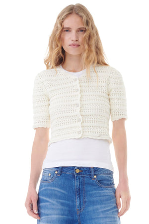 White Pointelle Short Sleeve Cardigan