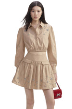 Beige Cotton Embellished Mini Skirt