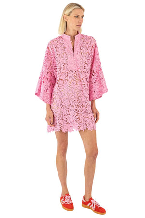 Pink Leafy Lace Mini Caftan