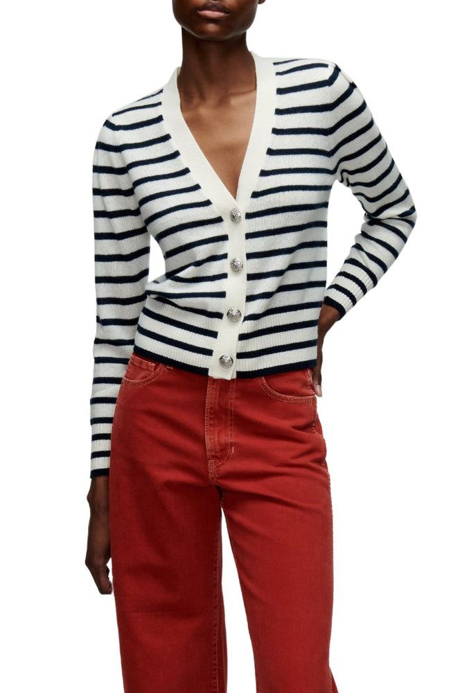 Solene Cashmere Cardigan in Ivory/Navy
