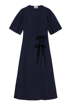 Navy Blue Viscose Twill Wrap Midi Dress