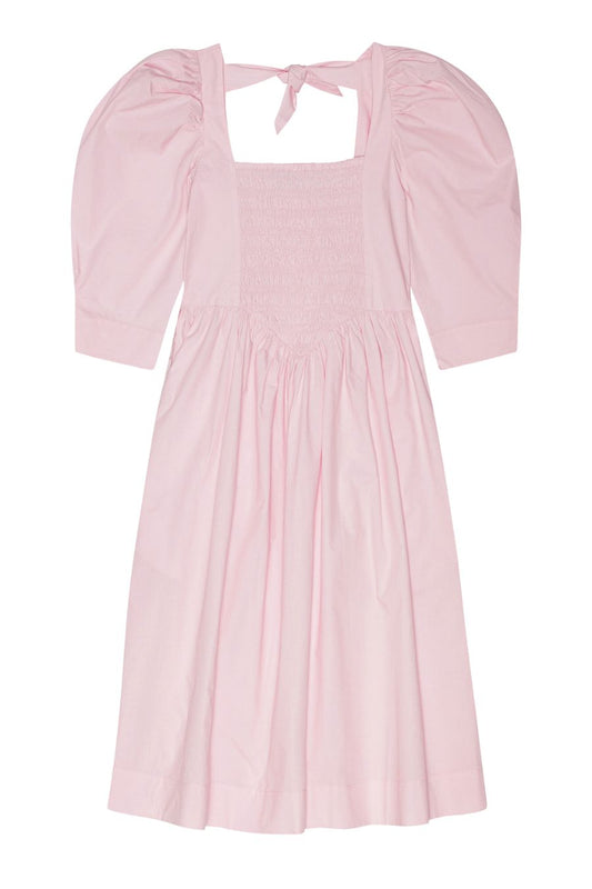 Pink Cotton Poplin Open Neck Smock Dress