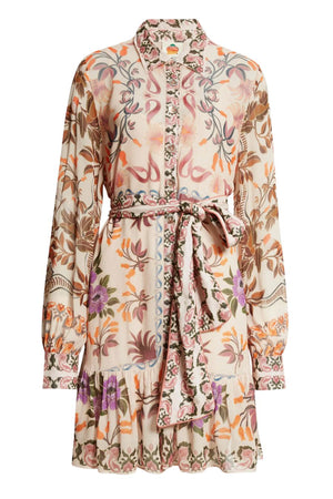 Winter Garden Floral Tie Belt Long Sleeve Shirtdress