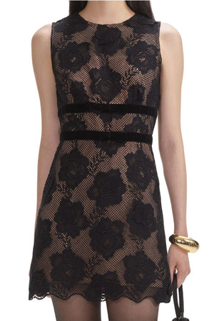 Lace Velvet Bow Mini Dress in Black