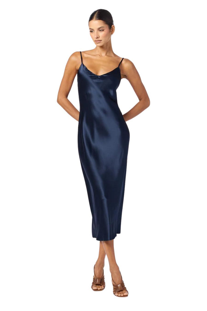 Taylor Midi Silk Slip Dress in Midnight Navy