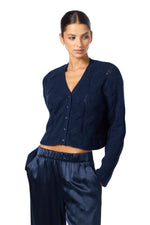 Jolie V-Neck Cropped Cable Cashmere Cardigan in Midnight Navy