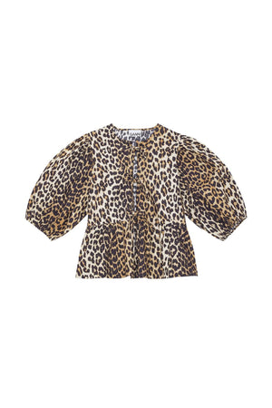 Leopard Cotton Poplin Peplum Tie Blouse