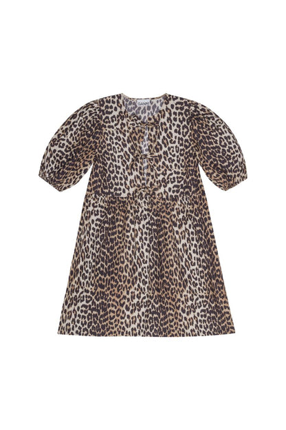Leopard Printed Cotton Tie String Mini Dress