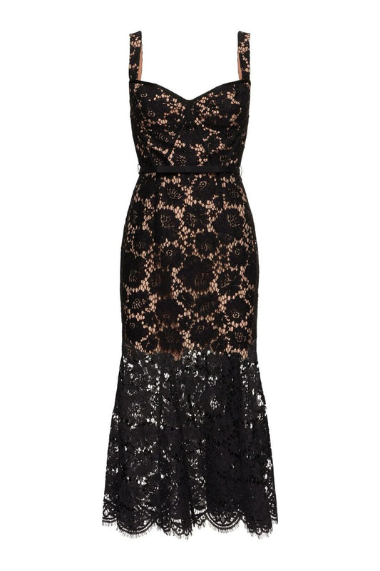 Black Fine Lace Midi Dress