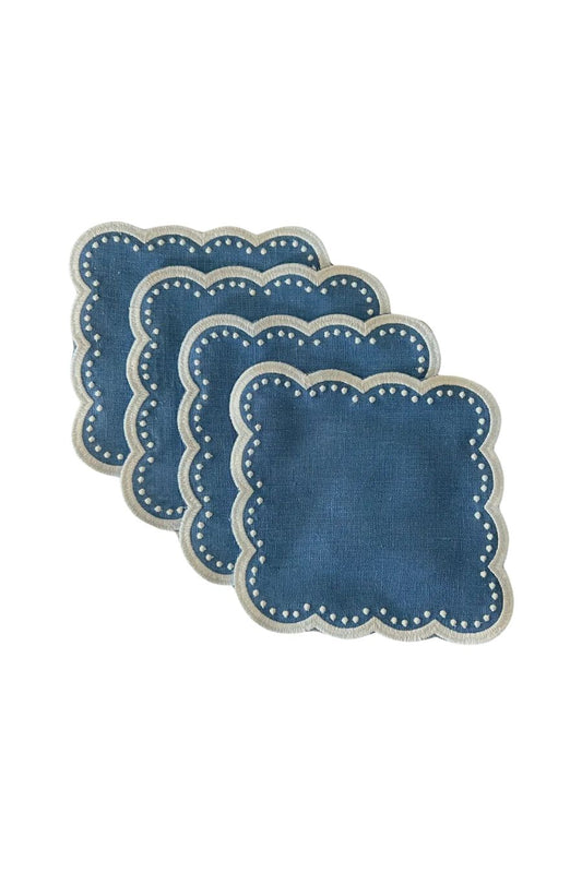 Scalloped Cocktail Napkins Dark Blue, Set of 4