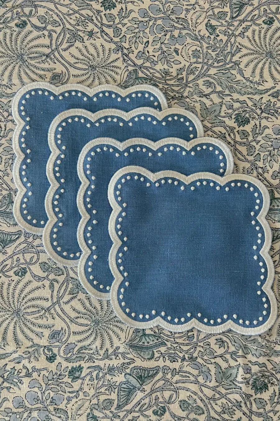 Scalloped Cocktail Napkins Dark Blue, Set of 4