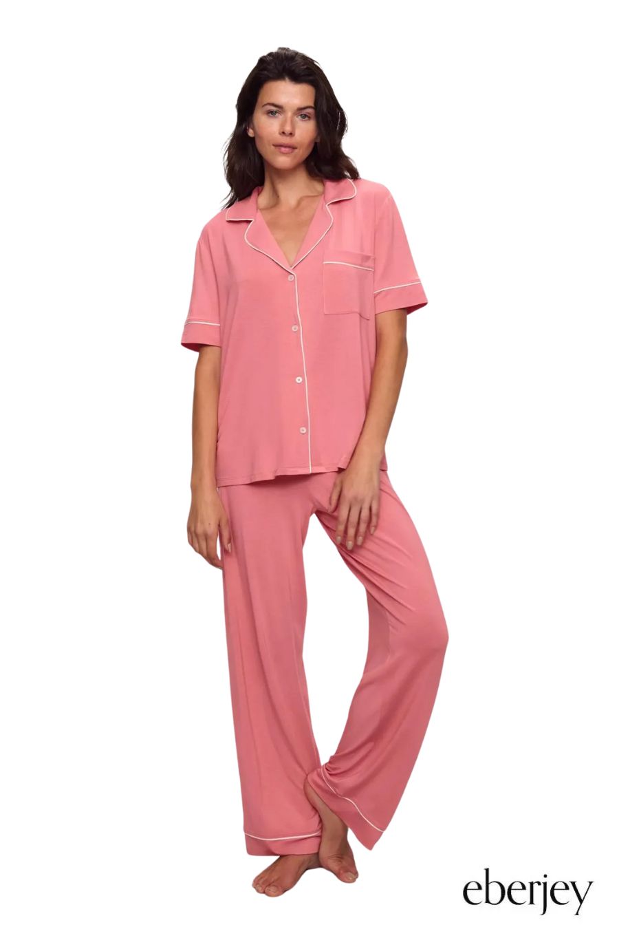 Gisele TENCEL™ Modal Short Sleeve & Pant PJ Set in Sunkissed Coral/Ivory