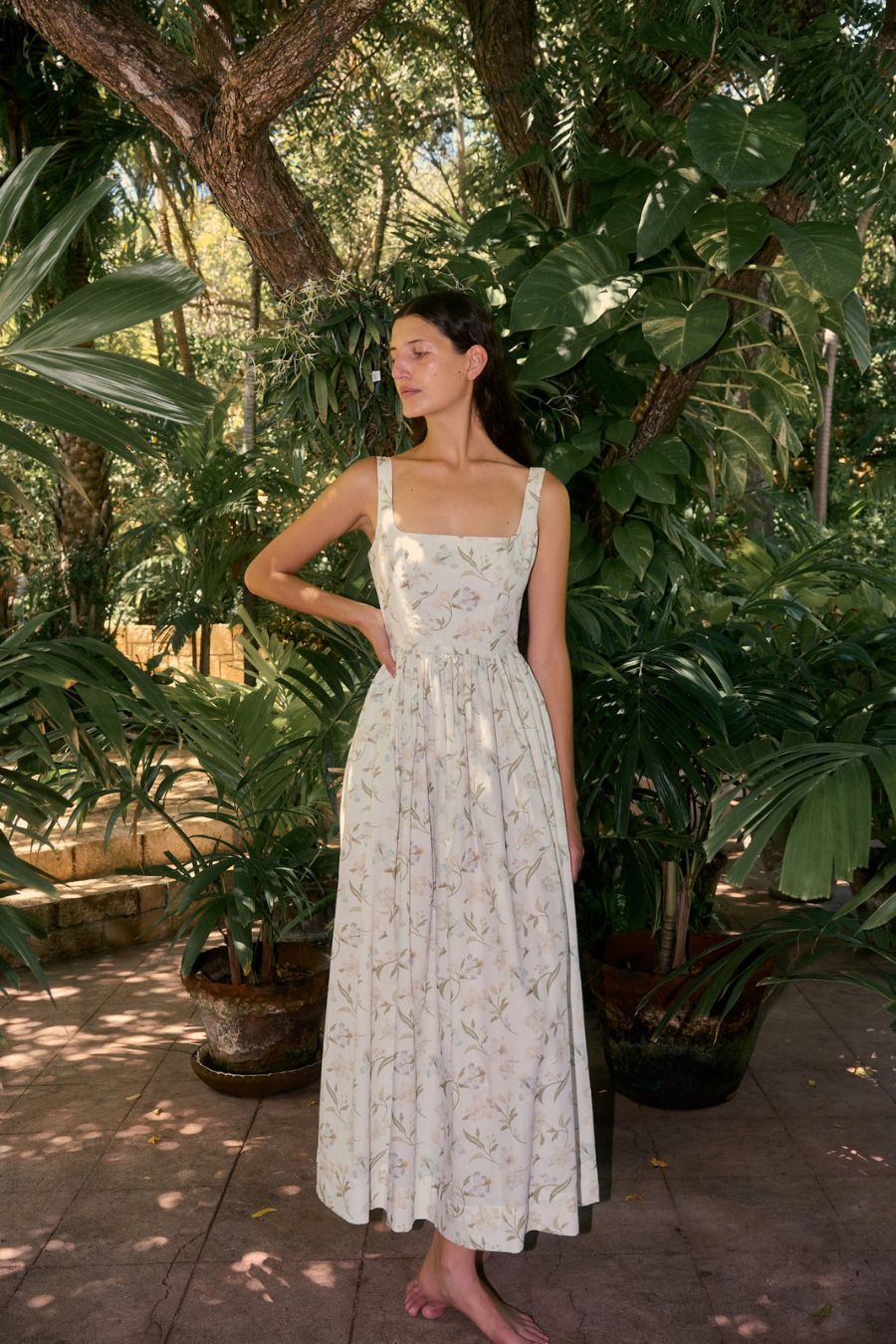 Scoop Neck Dress in White Hibiscus