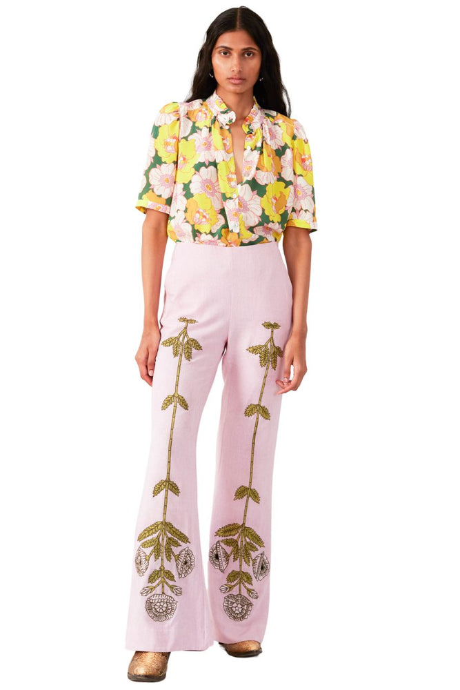 Charlie Crocus Embroidered Pant in Pink Peony