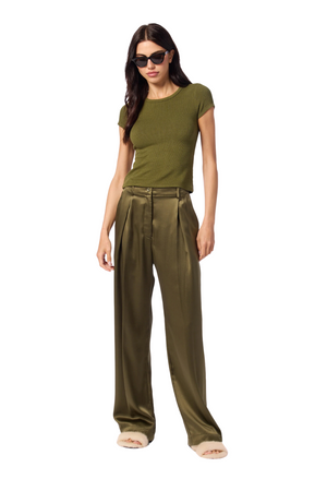 Emerson Pleated Silk Pants in Olive Green