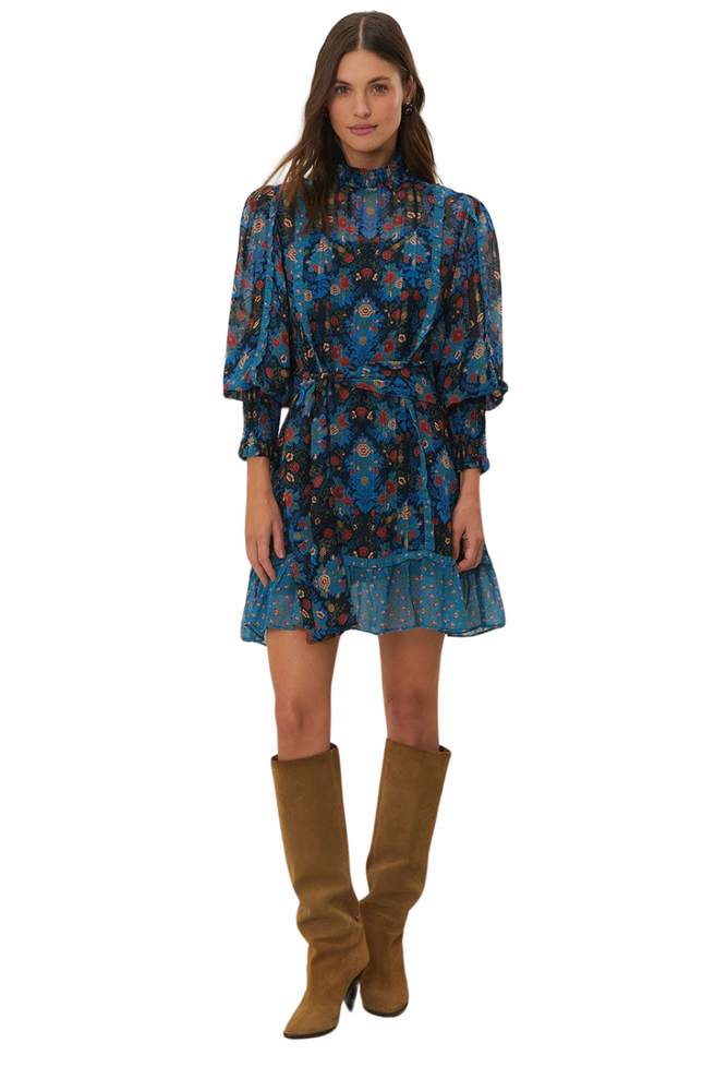 Blue Arabesque Floral High Neck Mini Dress